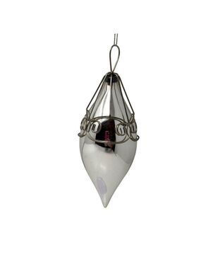 Vintage Silver Blown Glass Teardrop Christmas Ornament Wire Cage Mercury Finish